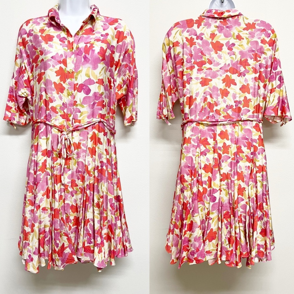 Taylor Womens Floral Pink Tie Up Elbow Sleeve Fit & Flare Belted Dress Size 6 - Picture 2 of 10